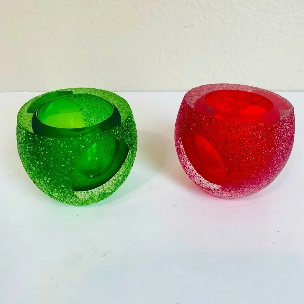 Set Of 2 Green And Red Sugar Iced Sommerso Crystal Votive Candle Holders